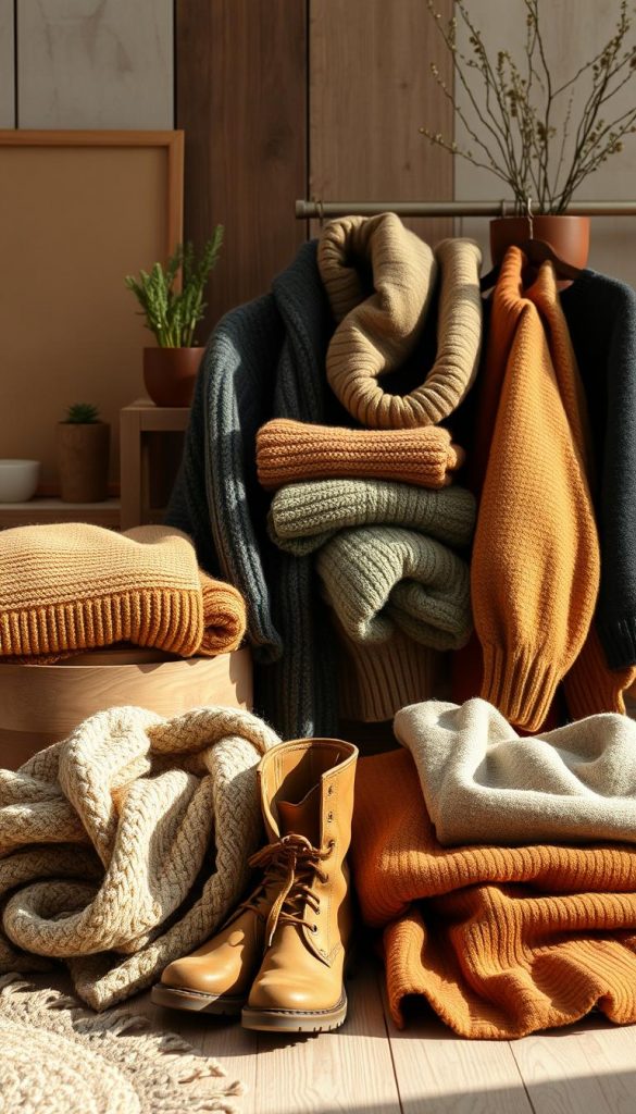 A cozy still life scene showcasing a &quot;KlickKiste&quot; capsule wardrobe in earthy winter tones. Soft, natural lighting illuminates an arrangement of high-quality knits, corduroy, and wool in muted shades of ochre, sage, and charcoal. Textures and patterns mingle subtly, creating a sense of layered depth. In the foreground, a pair of warm, leather boots and a fuzzy scarf invite the viewer to imagine snuggling up on a chilly day. The mid-ground features neatly folded garments, hinting at the versatility of the capsule. A backdrop of wooden surfaces, potted plants, and soft fabric textures lends an organic, handcrafted ambiance. This image captures the inviting, Pinterest-inspired aesthetic of a minimalist winter wardrobe.