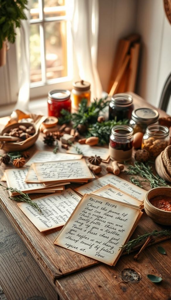 A cozy still life scene showcasing a collection of handwritten recipe cards and earthy kitchen ingredients on a rustic wooden table. Soft natural lighting filters through a nearby window, casting a warm, inviting glow. Textured parchment paper, fresh herbs, spices, and the occasional jars of preserves or baked goods create an artfully arranged tableau, exuding a sense of homemade comfort and holiday cheer. The overall mood is one of simple pleasures, family tradition, and a touch of Scandinavian hygge.