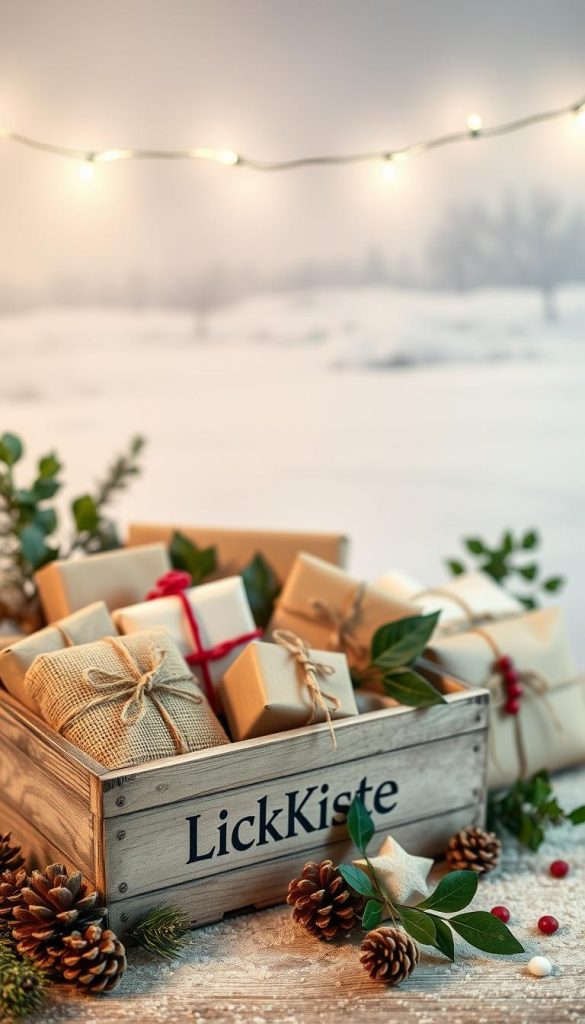 A cozy still life scene showcasing a variety of charming holiday gifts. In the foreground, a rustic wooden crate labeled &quot;KlickKiste&quot; is filled with an assortment of small, handmade presents wrapped in natural materials like burlap, twine, and kraft paper. Surrounding the crate, an array of festive accents create a warm, inviting atmosphere - pinecones, holly sprigs, and a sprig of mistletoe. In the middle ground, a soft, glowing light emanates from a string of fairy lights draped across the scene. The background features a soothing winter landscape with a light dusting of snow, creating a serene, Pinterest-worthy vignette. The overall mood is one of simple, heartfelt joy and the spirit of giving.