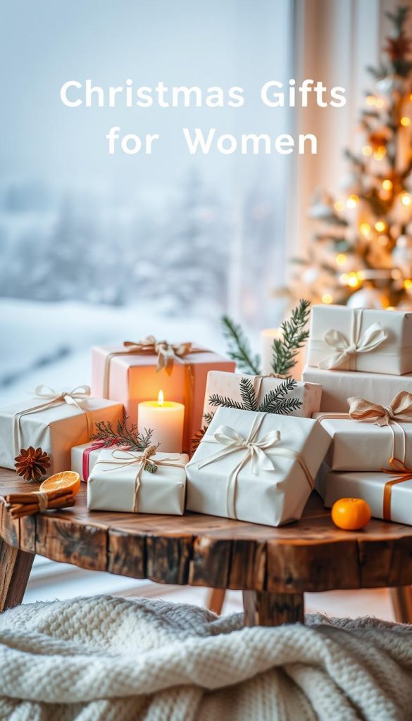A cozy still life scene showcasing a variety of thoughtfully selected Christmas gifts for women. A rustic wooden table is adorned with an assortment of neatly wrapped presents in soft pastel tones, complemented by natural accents like pine branches, cinnamon sticks, and dried oranges. Warm, diffused lighting casts a gentle glow, creating a serene, inviting atmosphere. In the background, a minimalist winter landscape with soft snowfall adds to the peaceful, hygge-inspired ambiance. The overall composition has a polished, Pinterest-worthy aesthetic, reflecting the holiday spirit and the essence of the gift guide. A cozy still life scene showcasing a variety of thoughtfully selected Christmas gifts for women. A rustic wooden table is adorned with an assortment of neatly wrapped presents in soft pastel tones, complemented by natural accents like pine branches, cinnamon sticks, and dried oranges. Warm, diffused lighting casts a gentle glow, creating a serene, inviting atmosphere. In the background, a minimalist winter landscape with soft snowfall adds to the peaceful, hygge-inspired ambiance. The overall composition has a polished, Pinterest-worthy aesthetic, reflecting the holiday spirit and the essence of the gift guide.