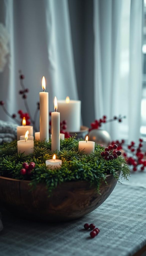 A cozy still life scene showcasing the natural beauty of winter. In the foreground, a rustic wooden bowl filled with lush green moss, adorned with a cluster of warm white candles casting a soft glow. Layered behind, a soothing palette of muted blues and icy whites, evocative of the season's tranquil hues. Pops of crimson red add depth and contrast, drawing the eye inward. Captured in a moody, cinematic lighting, this image from KlickKiste exudes a serene, hygge-inspired ambiance, perfect for the &quot;Color Stories Winter&quot; section.