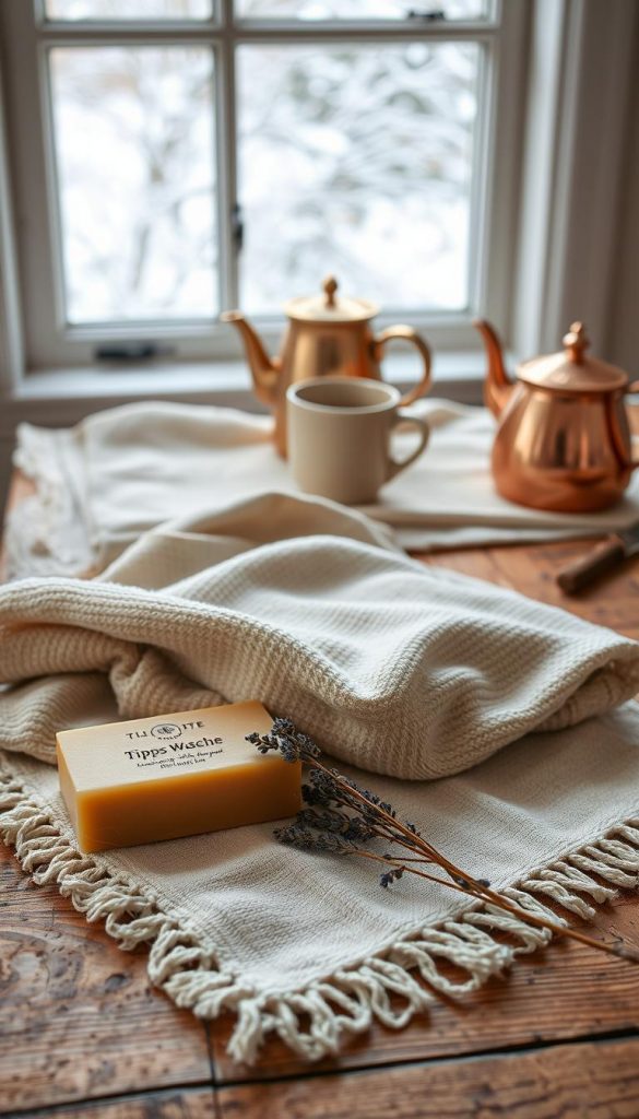 A cozy still life showcasing a selection of &quot;Tipps Wäsche&quot; items from the KlickKiste brand. Arranged on a rustic wooden surface, the scene features a warm, muted color palette with soft winter lighting. In the foreground, a neatly folded woolen sweater and a linen towel lie alongside a bar of natural soap and a handful of dried lavender sprigs. In the middle ground, a copper kettle and a ceramic mug sit atop a linen tablecloth, hinting at a comforting wintertime ritual. In the background, a window frames a snowy outdoor scene, completing the serene, Pinterest-inspired atmosphere.