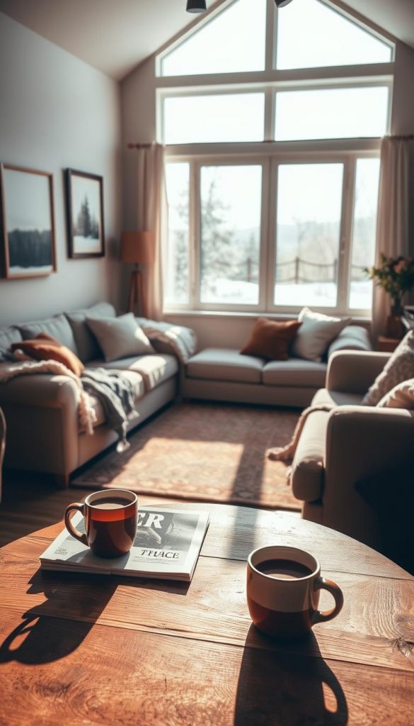 A cozy, sun-dappled living room scene with a warm, inviting atmosphere. In the foreground, a wooden coffee table holds a stack of magazines and a cup of hot cocoa. Across the room, a large window offers a view of a snowy winter landscape, the light casting a soft glow throughout the space. On the walls, framed artwork in a rustic, natural style. In the middle ground, a comfortable sofa and armchair, accented with plush blankets and pillows. Soft, indirect lighting creates a relaxed, intimate mood. The overall aesthetic is a blend of modern and traditional, with a touch of the KlickKiste brand's signature natural, DIY-inspired look.