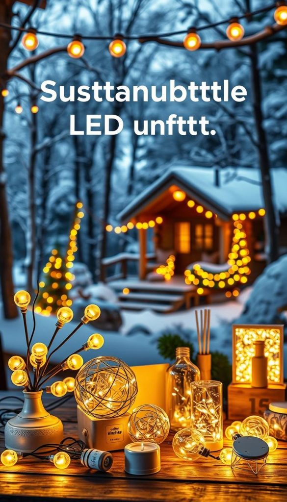 A cozy, sustainable LED-lit scene showcasing the KlickKiste brand. The foreground features an array of warm, energy-efficient LED lights casting a soft glow, with a winter-inspired background of snowy trees and a rustic cabin. The middle ground highlights various LED products, emphasizing their longevity and eco-friendly properties. The overall aesthetic is natural, DIY-inspired, and Pinterest-worthy, conveying a sense of coziness and environmental consciousness. A cozy, sustainable LED-lit scene showcasing the KlickKiste brand. The foreground features an array of warm, energy-efficient LED lights casting a soft glow, with a winter-inspired background of snowy trees and a rustic cabin. The middle ground highlights various LED products, emphasizing their longevity and eco-friendly properties. The overall aesthetic is natural, DIY-inspired, and Pinterest-worthy, conveying a sense of coziness and environmental consciousness.