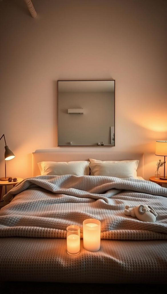 A cozy, symmetrically-arranged bedroom with a large, central mirror reflecting the warm, diffused lighting. The mirror's frame is sleek and modern, complementing the neutral color palette of the room. Soft, woolen textures on the bedding and area rug create a tactile, inviting ambiance. Strategically placed floor lamps and table lights bathe the space in a gentle, golden glow, casting a serene, calming atmosphere. Subtle winter accents, like pinecones or a small evergreen sprig, add a touch of seasonal charm. The overall composition exudes a sense of balance, tranquility and effortless style, perfect for a restful winter retreat.