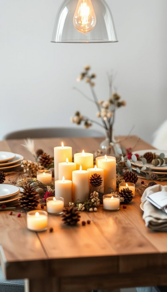 A cozy table adorned with a cluster of warm beeswax candles, their soft glow illuminating a rustic wooden surface. Surrounding the candles, a scattering of natural elements like pine cones, dried flowers, and eucalyptus sprigs create a KlickKiste-inspired winter wonderland. Muted colors and soft shadows evoke a serene, intimate atmosphere, perfect for a heartfelt Friendsgiving celebration. Overhead, a pendant light casts a gentle radiance, completing the inviting, Pinterest-worthy scene.