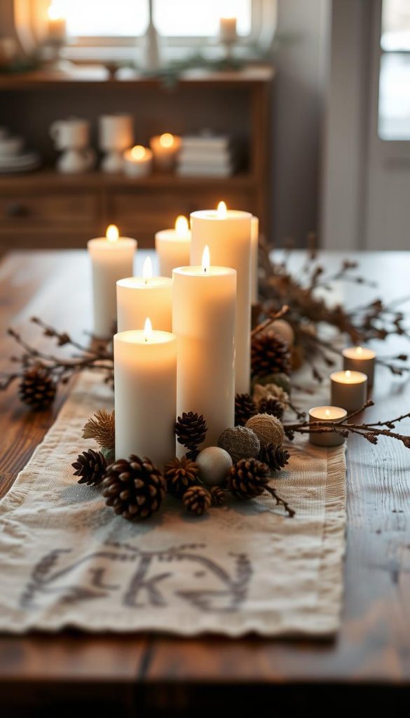 A cozy table arrangement with a rustic linen runner, clusters of pillar candles in varying heights, and natural elements like pinecones, twigs, and dried botanicals. Soft, warm lighting illuminates the scene, creating a serene, intimate atmosphere. The composition is balanced and visually appealing, with the candlelight casting a gentle glow and shadows that add depth and texture. The overall aesthetic evokes a sense of hygge, comfort, and winter charm, perfect for illustrating a cozy home decor idea for the colder months.