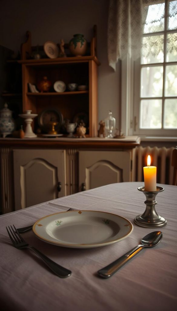A cozy table set for one, a single place setting with a vintage-inspired ceramic plate, worn silver cutlery, and a flickering candle casting a warm glow. In the background, a well-worn wooden sideboard holds an array of treasured keepsakes, evoking a sense of nostalgia. Soft, natural lighting filters through a lace-curtained window, creating a tranquil, intimate atmosphere. This KlickKiste scene invites the viewer to slow down, savor the moment, and embrace the simple pleasures of an evening spent in quiet solitude.