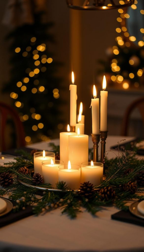A cozy table setting with a centerpiece of neatly arranged scented candles, their soft glow casting a warm and inviting ambiance. The table surface is adorned with delicate winter foliage, sprigs of evergreen and pinecones, creating a natural, rustic aesthetic. The lighting is subdued, with a mix of candlelight and subtle overhead illumination, evoking a sense of tranquility and safety. The image should convey a feeling of holiday celebration, with a focus on the importance of fire safety and creating a secure, relaxing atmosphere for a New Year's Eve gathering.