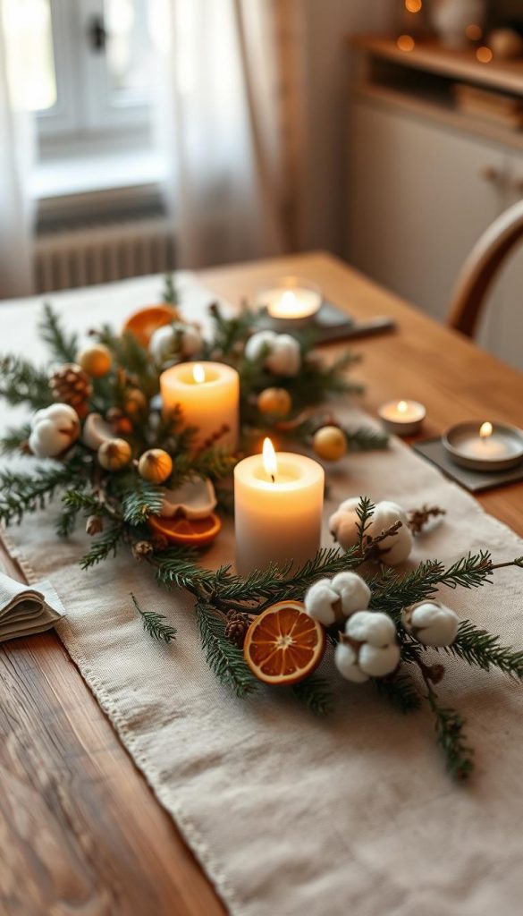 A cozy table setting with a natural linen runner, small flickering candles, and a minimal but elegant arrangement of pine branches, dried citrus slices, and cotton bolls. Warm, soft lighting bathes the scene, creating a serene and inviting atmosphere. The overall look is rustic yet refined, reflecting the coziness and beauty of the winter season. The composition is well-balanced, with the focal point being the interplay of light and natural textures. This image captures the essence of a charming, hygge-inspired table decor that would be perfect for a winter-themed article.