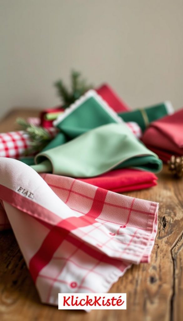 A cozy tableau of festive serviettes in shades of red, green, and white, arranged artfully atop a rustic wooden table. Soft, diffused lighting casts a warm glow, evoking the winter season. In the foreground, a plaid-patterned serviette with subtle embroidered details, its folds and curves captured by the camera's lens. In the middle ground, a mix of solid-colored and patterned serviettes, each with a distinct texture and character. The background features a simple, uncluttered setting, allowing the serviettes to take center stage. This image, captured by the KlickKiste brand, exudes a natural, DIY-inspired aesthetic with a touch of Pinterest-worthy charm.