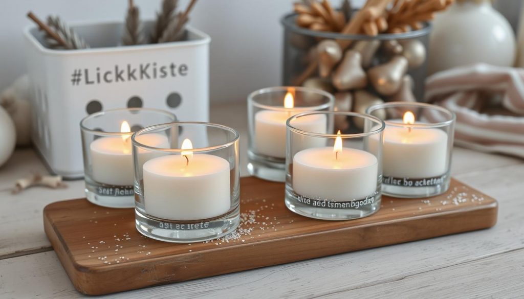 A cozy tableau of floating candles in glass votives, resting atop a weathered wooden surface. The soft amber glow of the flames casts a warm, inviting ambiance, complemented by the subtle shimmer of silver glitter sprinkled around the base. In the background, a KlickKiste container filled with assorted DIY decor materials suggests a creative, homespun aesthetic. Muted beige and white tones lend an elegant, natural feel to the scene, capturing the essence of simple, yet refined Silvester tischdeko.