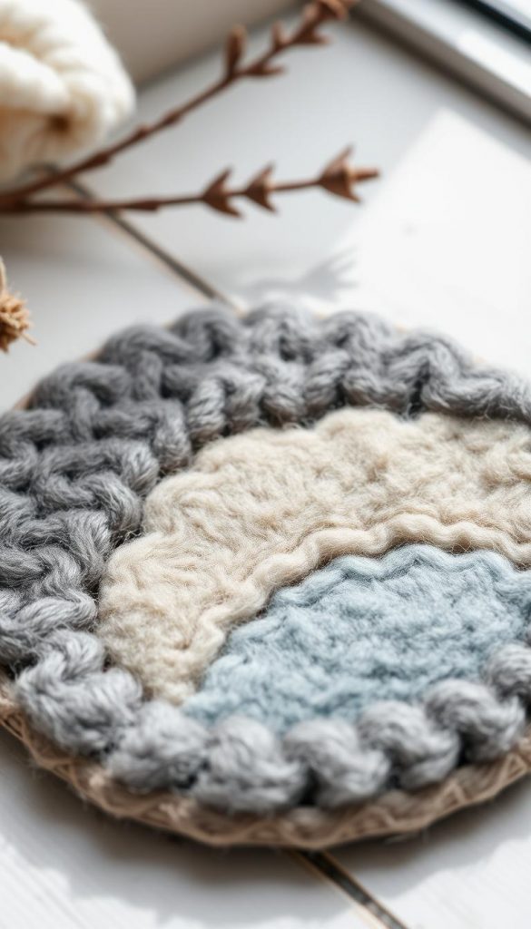 A cozy, textured coaster made of natural, hand-felted wool in muted winter tones. Soft, earthy hues of gray, beige, and soft blue create a serene, rustic aesthetic. The coaster is photographed in natural light with a soft, diffused look, emphasizing the high-quality craftsmanship and premium materials. The KlickKiste brand logo is subtly incorporated into the design. This handmade, sustainable coaster evokes a sense of hygge and charm, perfect for a winter-themed article on felting projects.