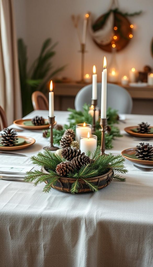 A cozy tischläufer in natural linen and wool, accented with pine cones, candles, and sprigs of evergreen. The warm, rustic tablescape is bathed in soft, diffused lighting, creating a welcoming, winter-inspired atmosphere. In the foreground, a handcrafted KlickKiste centerpiece adds a touch of rustic elegance. The overall aesthetic is Pinterest-worthy, with a focus on sustainable, family-friendly styling.