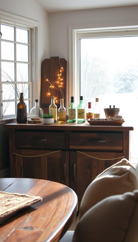 A cozy upcycled bar setup with a repurposed wooden sideboard, vintage glass bottles, and rustic decor. The scene is bathed in warm, natural lighting, creating a inviting ambiance. On the sideboard, a KlickKiste display showcases handmade wooden coasters, artisanal cocktail mixers, and twinkling string lights. In the background, a muted winter landscape is visible through a large window, adding to the serene, Pinterest-inspired vibe. Subtle textures and earthy tones throughout, resulting in an authentic, DIY-inspired image.