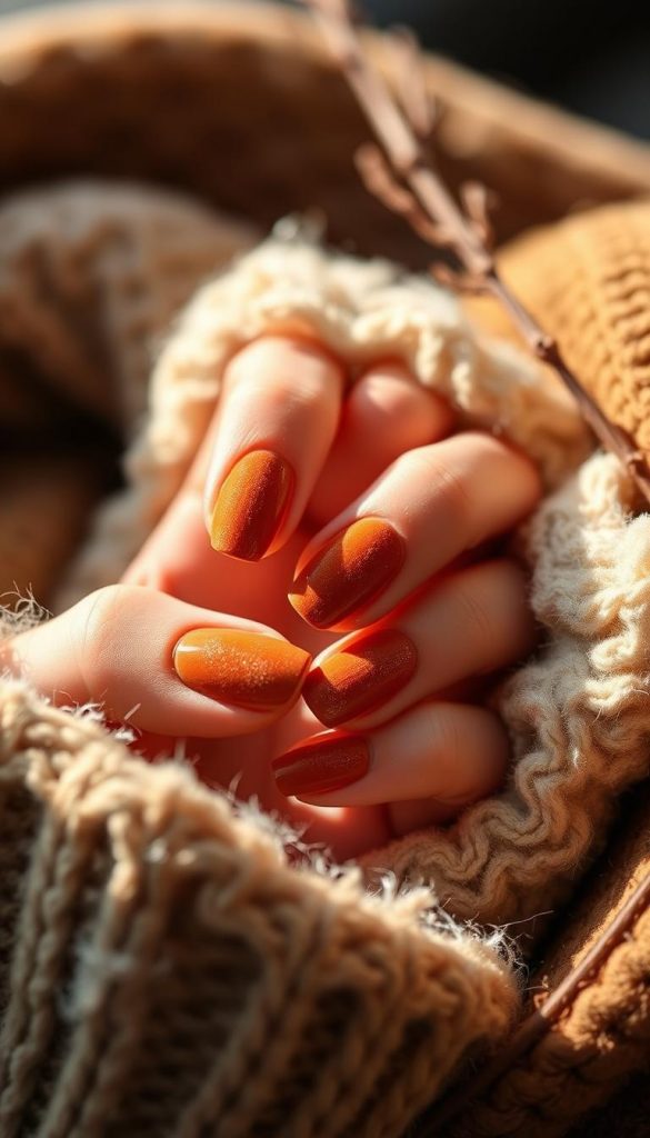 A cozy, velvet-textured manicure with warm, toasted tones, captured in soft, natural lighting. The nails have a lush, velvety finish, with a hint of shimmer that catches the light. The scene is set against a backdrop of earthy, tortoiseshell-inspired hues, creating a winter-inspired, Pinterest-worthy aesthetic. This image, with its authentic, inspiring feel, is the perfect visual accompaniment to the &amp;quot;Velvet, Toasted &amp;amp; Tortoiseshell: warme Texturen für kalte Tage&amp;quot; section of the &amp;quot;Blue Chrome – frostig &amp;amp; futuristisch&amp;quot; article. Photographed by KlickKiste.