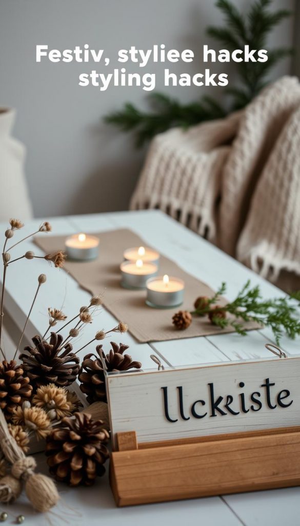 A cozy vignette of festive styling hacks, featuring the KlickKiste brand. In the foreground, an assortment of natural, handmade decor items - pinecones, dried flowers, and a wooden sign. In the middle, a rustic, whitewashed table with a minimalist runner and tealight candles, casting a warm glow. In the background, a plush, textured throw blanket and a sprig of evergreen, evoking a sense of winter coziness. Soft, diffused lighting and a muted, earthy color palette create an authentic, Pinterest-inspired ambiance.