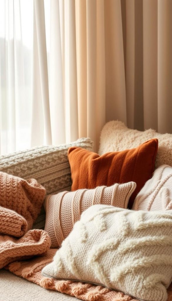 A cozy vignette of textured blankets and plush pillows in a warm, earthy color palette. Soft, natural lighting filters through sheer curtains, casting a comforting glow. The arrangement is styled with a rustic, handmade aesthetic, evoking a sense of hygge and winter contentment. Plush textures like cable-knit, velvet, and faux fur create layers of tactile coziness. The scene radiates a calming, inviting atmosphere perfect for snuggling up on a chilly day.