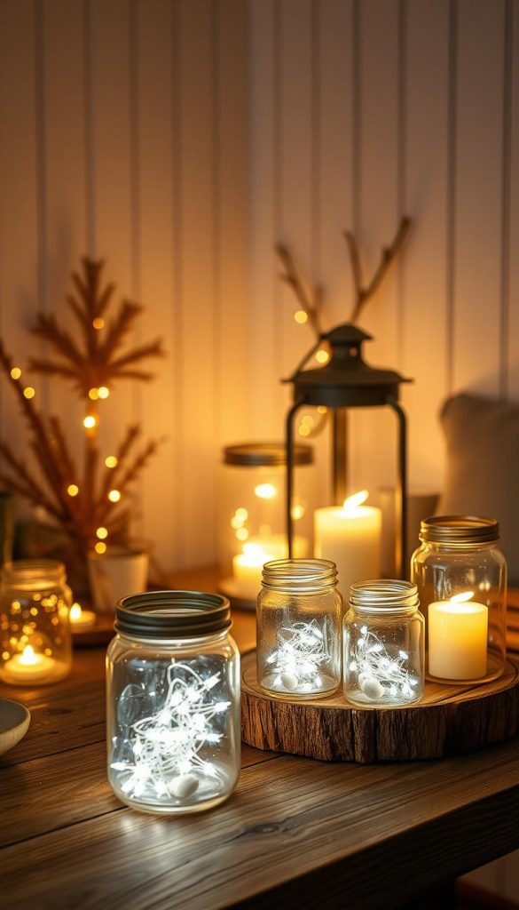 A cozy, warm-lit indoor scene showcasing a collection of LED lanterns. In the foreground, a rustic wooden table displays an arrangement of LED-lit glass jars and lanterns, casting a soft, ambient glow. Larger LED lanterns in the middle ground provide additional lighting, their flickering flames creating a magical, winter-inspired atmosphere. In the background, a minimalist, white-washed wall acts as a canvas, highlighting the mesmerizing interplay of light and shadow. Crisp, high-resolution details capture the natural, handmade aesthetic, with a subtle, Pinterest-inspired styling that evokes a sense of hygge and festive wonder.
