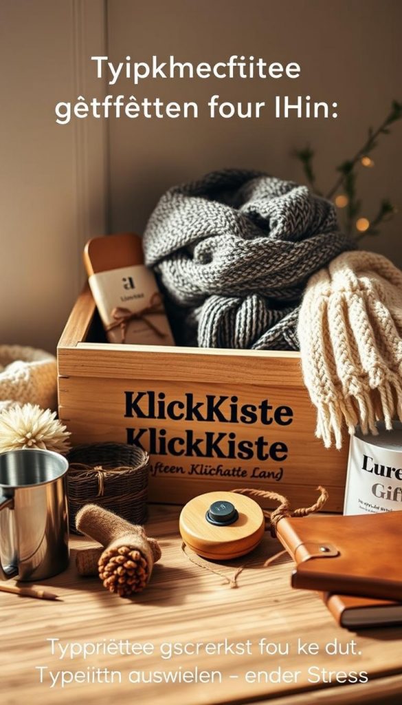 A cozy, warm-toned arrangement of thoughtful gifts for him, embodying a natural, rustic aesthetic. A wooden crate labeled "KlickKiste" serves as the centerpiece, surrounded by an array of carefully curated items - a fuzzy scarf, a steel mug, a handcrafted wooden trinket, and a journal with a leather cover. The scene is illuminated by soft, diffused lighting, casting a gentle glow and creating an inviting, Pinterest-inspired atmosphere. The composition showcases the gifts in a visually appealing manner, reflecting the theme of "Typgerechte Geschenke für Ihn" and the section title "Für wen schenkst du? Typgerecht auswählen - ohne Stress". A cozy, warm-toned arrangement of thoughtful gifts for him, embodying a natural, rustic aesthetic. A wooden crate labeled "KlickKiste" serves as the centerpiece, surrounded by an array of carefully curated items - a fuzzy scarf, a steel mug, a handcrafted wooden trinket, and a journal with a leather cover. The scene is illuminated by soft, diffused lighting, casting a gentle glow and creating an inviting, Pinterest-inspired atmosphere. The composition showcases the gifts in a visually appealing manner, reflecting the theme of "Typgerechte Geschenke für Ihn" and the section title "Für wen schenkst du? Typgerecht auswählen - ohne Stress".