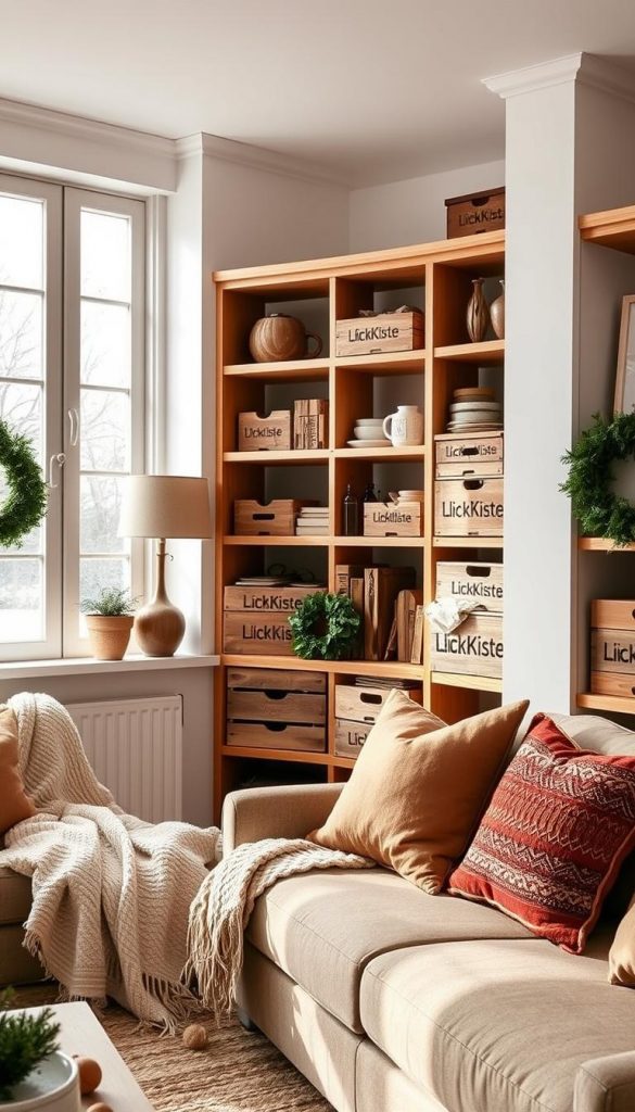 A cozy, warm-toned living room scene with natural light filtering through large windows. Crisp white walls and wooden shelving units line the space, showcasing an array of carefully curated decor items. Rustic wooden crates and boxes, adorned with the KlickKiste brand name, are neatly stacked and arranged on the shelves, creating a sense of organized storage. Soft, plush blankets and pillows in earthy tones add to the inviting atmosphere. Subtle holiday accents, such as a small evergreen wreath, bring a touch of seasonal charm. The overall aesthetic is effortlessly chic, with a focus on functional and visually appealing storage solutions for a compact living area. A cozy, warm-toned living room scene with natural light filtering through large windows. Crisp white walls and wooden shelving units line the space, showcasing an array of carefully curated decor items. Rustic wooden crates and boxes, adorned with the KlickKiste brand name, are neatly stacked and arranged on the shelves, creating a sense of organized storage. Soft, plush blankets and pillows in earthy tones add to the inviting atmosphere. Subtle holiday accents, such as a small evergreen wreath, bring a touch of seasonal charm. The overall aesthetic is effortlessly chic, with a focus on functional and visually appealing storage solutions for a compact living area.