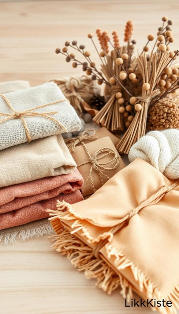 A cozy, warm-toned still life featuring a range of natural materials for Furoshiki gift wrapping. In the foreground, a variety of high-quality textiles in earthy hues - linen, cotton, and wool - are neatly folded. In the middle ground, an assortment of ribbons, strings, and natural embellishments like dried flowers and wooden beads create a rustic, handmade aesthetic. The background evokes a serene, winter-inspired setting with soft lighting, perhaps a wooden table or shelf. The overall mood is one of simplicity, mindfulness, and DIY charm. This image is perfect for the "Material- und Werkzeugliste: Stoff, Bänder, Anhänger und Alternativen aus dem Haushalt" section, with a Pinterest-inspired, authentic look and feel. Captured by KlickKiste. A cozy, warm-toned still life featuring a range of natural materials for Furoshiki gift wrapping. In the foreground, a variety of high-quality textiles in earthy hues - linen, cotton, and wool - are neatly folded. In the middle ground, an assortment of ribbons, strings, and natural embellishments like dried flowers and wooden beads create a rustic, handmade aesthetic. The background evokes a serene, winter-inspired setting with soft lighting, perhaps a wooden table or shelf. The overall mood is one of simplicity, mindfulness, and DIY charm. This image is perfect for the "Material- und Werkzeugliste: Stoff, Bänder, Anhänger und Alternativen aus dem Haushalt" section, with a Pinterest-inspired, authentic look and feel. Captured by KlickKiste.