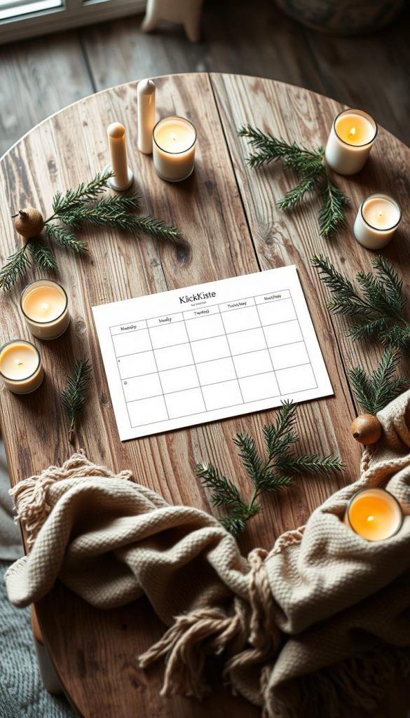 A cozy weekly plan laid out on a rustic wooden table, surrounded by natural elements like pine branches, candles, and a warm throw blanket. The soft lighting creates a serene, winter-inspired atmosphere, capturing the essence of a calm, organized morning routine. In the center, a simple weekly schedule template titled "KlickKiste" is the focal point, showcasing the structure and planning that helps keep a family on track. The overall mood is inviting, authentic, and inspiring, reflecting the article's message of starting the new year with a clear, grounded approach to daily life. A cozy weekly plan laid out on a rustic wooden table, surrounded by natural elements like pine branches, candles, and a warm throw blanket. The soft lighting creates a serene, winter-inspired atmosphere, capturing the essence of a calm, organized morning routine. In the center, a simple weekly schedule template titled "KlickKiste" is the focal point, showcasing the structure and planning that helps keep a family on track. The overall mood is inviting, authentic, and inspiring, reflecting the article's message of starting the new year with a clear, grounded approach to daily life.