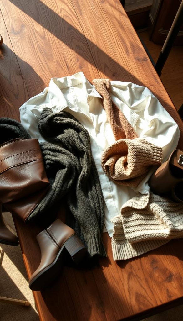 A cozy, well-curated winter capsule wardrobe lays out on a rustic wooden table, bathed in warm, natural lighting. Soft, earthy tones of beige, olive, and charcoal contrast with the crisp white of a classic button-down shirt and wooly knits. Accessories like a leather tote, scarf, and ankle boots complete the stylish yet practical ensemble. The scene evokes a sense of effortless sophistication, perfect for the &quot;KlickKiste&quot; DIY-inspired winter lookbook. Muted shadows and a slight blur create an inviting, Pinterest-worthy atmosphere.