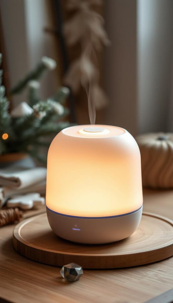A cozy, well-lit air humidifier with a sleek, minimalist design sits on a wooden surface. The device emanates a soft, warm glow, creating a soothing and inviting atmosphere. Subtle details like the subtle texture of the wooden surface and the gentle curves of the humidifier add depth and character to the scene. Natural tones and a hint of winter coziness permeate the image, evoking a sense of comfort and relaxation. The overall composition is balanced and visually appealing, perfectly capturing the essence of smart home technology in a cozy, winter-inspired setting.