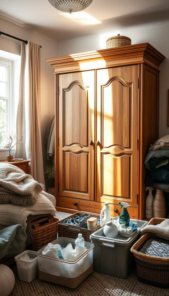 A cozy, well-lit bedroom scene with a large wooden wardrobe taking center stage. The wardrobe has an inviting, rustic appearance, with a natural finish and ornate details. Sunlight streams in through a nearby window, casting a warm glow over the space. In the foreground, an array of folded clothing, organizational bins, and cleaning supplies are neatly arranged, indicating a productive decluttering session. The overall atmosphere is one of calm focus and purposeful preparation, hinting at the transformative power of the &amp;quot;KlickKiste&amp;quot; DIY project to come. A serene, winter-inspired palette of muted tones and natural textures creates a visually appealing, Pinterest-worthy aesthetic.