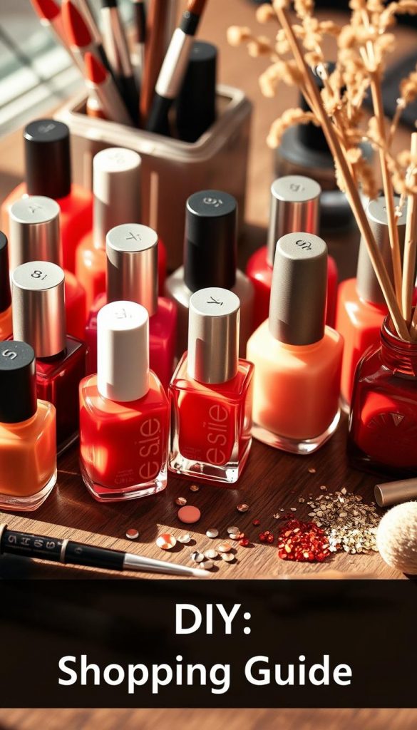 A cozy, well-lit close-up of an assortment of autumn-toned nail polish bottles, brushes, and small accessories like rhinestones and glitters arranged neatly on a wooden table. The bottles have a warm, natural lighting that creates soft shadows, capturing the inviting, DIY-inspired mood. The overall composition has a Pinterest-esque aesthetic with a soft, slightly muted color palette reminiscent of the winter season. The image conveys a sense of creativity, inspiration, and a touch of festivity, perfectly suiting the "Shopping Guide" section of the article.