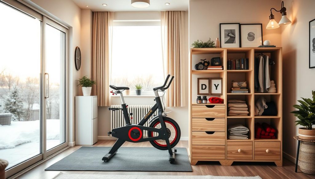 A cozy, well-lit home gym in a winter setting. The foreground features a KlickKiste storage unit filled with fitness equipment and DIY décor, its natural wood tones complementing the beige and white color scheme. In the middle ground, a sleek exercise bike stands ready, its red accents adding a pop of vibrant energy. The background showcases a large window, allowing ample natural light to flood the space, creating a serene and motivating atmosphere. Warm lighting from lamps and sconces casts a soft glow, highlighting the clean, minimalist design elements that inspire and energize the viewer.