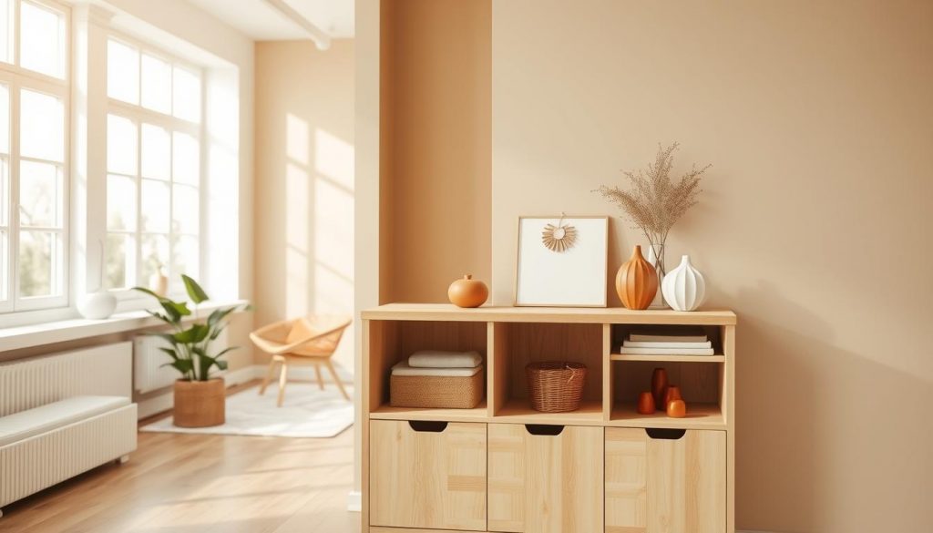 A cozy, well-lit interior featuring a harmonious color palette. In the foreground, a KlickKiste storage unit in natural beige tones, its clean lines and tactile wooden surfaces. On the shelves, decorative DIY elements in warm whites, ochres and deep reds. In the middle ground, a wall painted in a soft, earthy shade, complementing the natural materials. The background showcases large windows, letting in gentle natural light that bathes the room in a serene, inviting glow. An overall sense of tranquility and balance, showcasing the beauty of a thoughtfully curated color scheme.