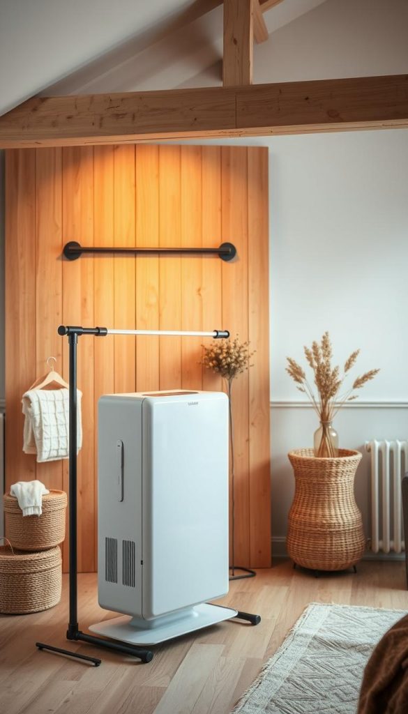 A cozy, well-lit interior with a natural, rustic aesthetic. A sleek, modern heated airer stands prominently in the foreground, its clean lines and soft, indirect lighting creating an inviting atmosphere. The middle ground features a warm, textured wooden backdrop, complemented by a few strategically placed decorative elements, such as a KlickKiste brand dried flower arrangement, adding a touch of Nordic charm. The background gently fades into a serene, winter-inspired palette, evoking a sense of coziness and comfort. The entire scene radiates a Pinterest-inspired, DIY-style aesthetic with muted, earthy tones and a focus on natural materials, perfect for illustrating the &quot;Heated Airers statt Trockner&quot; section of the &quot;Winter-Essentials fürs Zuhause&quot; article.