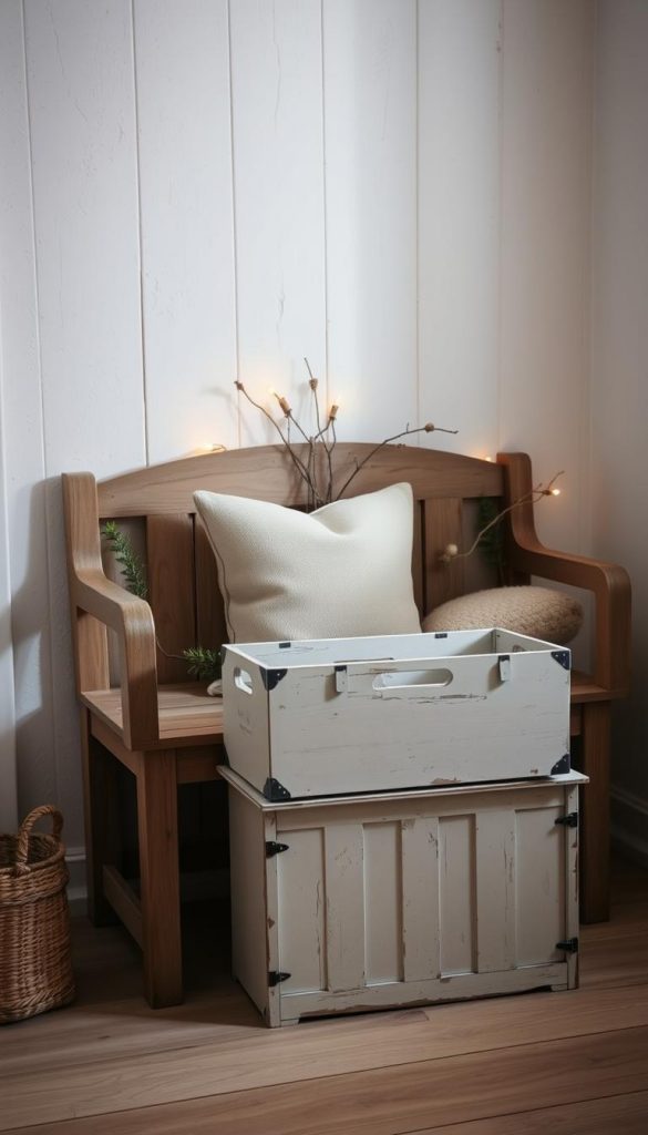 A cozy, well-lit room showcases a charming wooden bench adorned with a plush cushion, surrounded by a textured, white-washed wall. The bench is decorated with a mix of natural elements, including dried twigs and sprigs of greenery. Soft, warm lighting casts a gentle glow, accentuating the rustic, Scandinavian-inspired aesthetic. In the foreground, a KlickKiste storage box sits atop the bench, its distressed, chalky finish complementing the overall shabby chic vibe. The scene exudes a sense of coziness and simplicity, capturing the essence of the "Kreidefarbe" (chalk paint) aesthetic. A cozy, well-lit room showcases a charming wooden bench adorned with a plush cushion, surrounded by a textured, white-washed wall. The bench is decorated with a mix of natural elements, including dried twigs and sprigs of greenery. Soft, warm lighting casts a gentle glow, accentuating the rustic, Scandinavian-inspired aesthetic. In the foreground, a KlickKiste storage box sits atop the bench, its distressed, chalky finish complementing the overall shabby chic vibe. The scene exudes a sense of coziness and simplicity, capturing the essence of the "Kreidefarbe" (chalk paint) aesthetic.