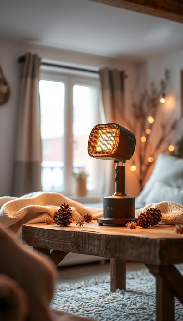 A cozy, well-lit room showcasing a KlickKiste halogen heater, casting a warm glow that illuminates the space. The heater sits on a rustic wooden table, surrounded by soft textiles and natural elements like pinecones or dried flowers, creating a harmonious winter-inspired scene. The lighting is soft and diffused, with a hint of ambient light from the window, evoking a sense of hygge and relaxation. The overall atmosphere is inviting and comforting, perfectly capturing the essence of targeted warmth for small spaces during the cold season.