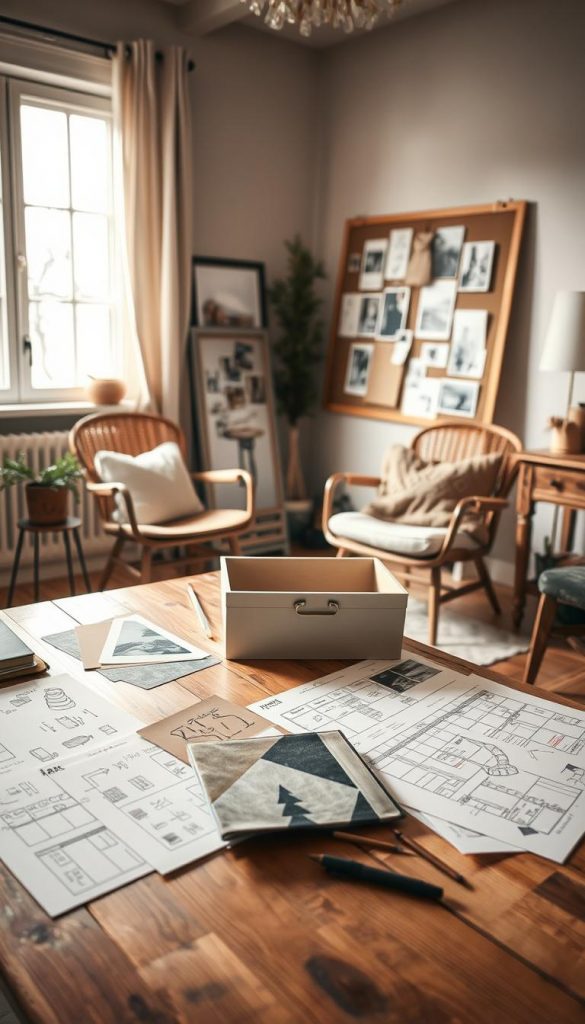 A cozy, well-lit scene of a DIY furniture planning session. In the foreground, a wooden table is covered with sketches, fabric samples, and a KlickKiste - a chic storage box. In the middle ground, a pair of vintage chairs and a mood board with inspirational images create a warm, inviting atmosphere. The background features a large window, allowing natural light to flood the space and cast a soft, winter-inspired glow. The overall composition has a rustic, Scandinavian-inspired aesthetic, perfect for capturing the essence of "Planung & Einkauf: vom Baumarkt bis Kleinanzeigen - so findest du die besten Stücke". A cozy, well-lit scene of a DIY furniture planning session. In the foreground, a wooden table is covered with sketches, fabric samples, and a KlickKiste - a chic storage box. In the middle ground, a pair of vintage chairs and a mood board with inspirational images create a warm, inviting atmosphere. The background features a large window, allowing natural light to flood the space and cast a soft, winter-inspired glow. The overall composition has a rustic, Scandinavian-inspired aesthetic, perfect for capturing the essence of "Planung & Einkauf: vom Baumarkt bis Kleinanzeigen - so findest du die besten Stücke".