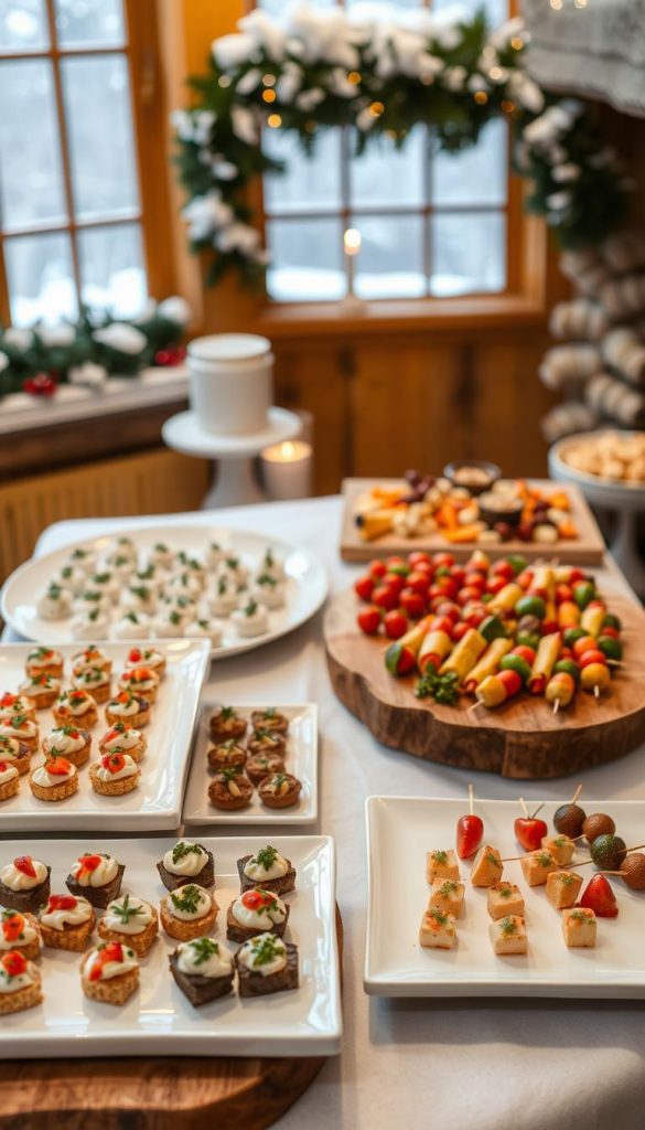 A cozy, well-organized buffet table set against a warm, rustic backdrop. Elegant white platters and wooden boards hold an array of delectable finger foods, from bite-sized canapés to seasonal veggie skewers. The lighting is soft and inviting, casting a gentle glow over the scene. In the background, a glimpse of a festive winter landscape - perhaps a snow-dusted windowsill or a garland-draped mantle. The overall atmosphere is one of effortless sophistication and Pinterest-worthy charm, inspiring the viewer to plan their own winter wonderland of a buffet.