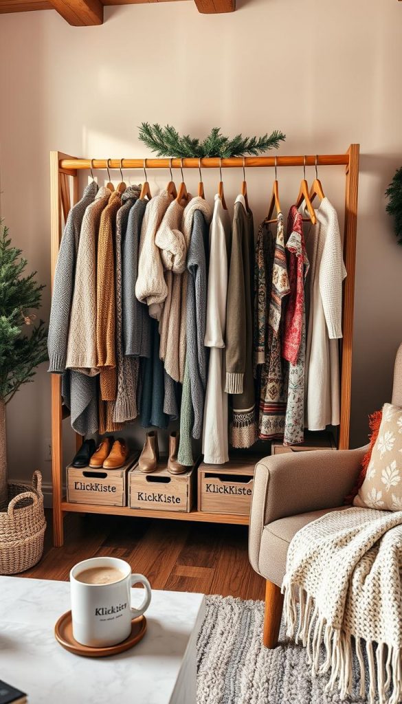 A cozy, well-organized dresscode corner in a warm, rustic living room. Soft, natural lighting illuminates a wooden clothing rack displaying a variety of winter outfits - knitted sweaters, scarves, and festive dresses. Wooden crates labeled "KlickKiste" hold accessories and jewelry. A comfy armchair, a mug of hot cocoa, and a cozy throw blanket set the mood for a relaxed, family-friendly Silvester celebration. Earthy tones, natural textures, and a touch of winter charm create an inviting, Pinterest-inspired atmosphere. A cozy, well-organized dresscode corner in a warm, rustic living room. Soft, natural lighting illuminates a wooden clothing rack displaying a variety of winter outfits - knitted sweaters, scarves, and festive dresses. Wooden crates labeled "KlickKiste" hold accessories and jewelry. A comfy armchair, a mug of hot cocoa, and a cozy throw blanket set the mood for a relaxed, family-friendly Silvester celebration. Earthy tones, natural textures, and a touch of winter charm create an inviting, Pinterest-inspired atmosphere.