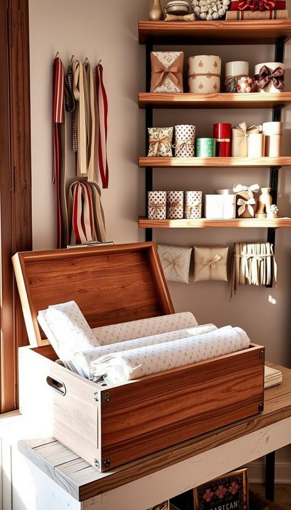 A cozy, well-organized gift wrap storage area. A wooden KlickKiste box sits on a rustic wooden shelf, its lid open to reveal neatly folded sheets of patterned gift wrap. Soft, natural lighting filters through a nearby window, casting a warm glow. In the background, a collection of ribbons, bows, and other wrapping accessories are displayed on floating shelves, creating a charming, Pinterest-worthy scene. The overall atmosphere is one of intentional organization and winter-inspired hygge.