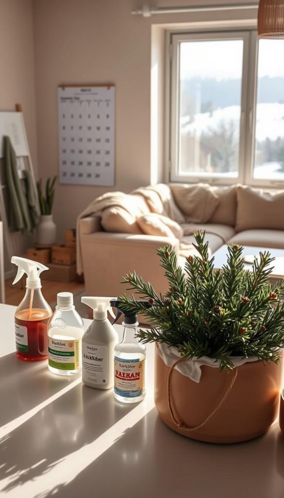 A cozy, well-organized home interior showcases the daily routines and habits that bring structure to life during the winter months. In the foreground, a sun-drenched kitchen counter displays a variety of DIY cleaning supplies and natural winter decor, including a KlickKiste planter filled with evergreen sprigs. The middle ground features a family room with a plush sofa, warm knit throws, and a wall calendar marking important dates and schedules. In the background, a large window provides a serene view of a snowy landscape, evoking a sense of seasonal tranquility. The overall scene conveys a harmonious, efficient, and Pinterest-inspired aesthetic that embodies the &quot;Dranbleiben im Alltag&quot; mindset.