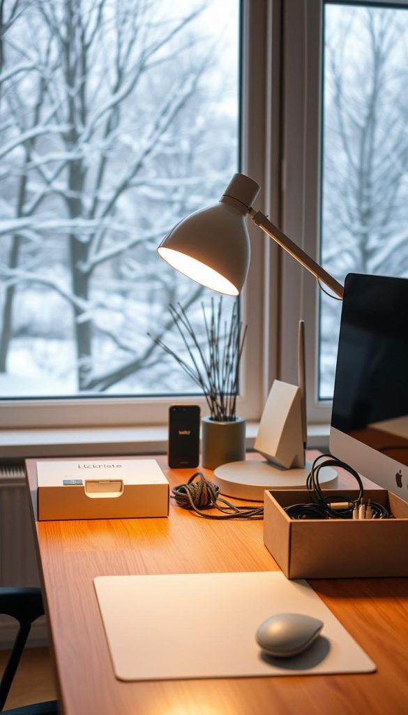 A cozy, well-organized home office in warm, earthy tones. The desk is neatly arranged with a KlickKiste storage box, labeled cables, and a minimalist desk lamp providing soft, natural lighting. In the background, a large window overlooks a snow-covered winter landscape, creating a serene, Pinterest-inspired atmosphere. The overall scene conveys a sense of productivity, order, and hygge - the Danish concept of coziness and contentment. A cozy, well-organized home office in warm, earthy tones. The desk is neatly arranged with a KlickKiste storage box, labeled cables, and a minimalist desk lamp providing soft, natural lighting. In the background, a large window overlooks a snow-covered winter landscape, creating a serene, Pinterest-inspired atmosphere. The overall scene conveys a sense of productivity, order, and hygge - the Danish concept of coziness and contentment.