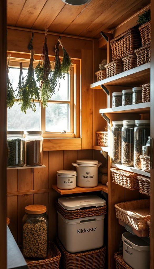 A cozy, well-organized kitchen pantry with natural wood shelves, jars, and baskets. Warm lighting casts a soft glow, highlighting the textures and colors of the stored goods. Dried herbs and spices hang from rustic hooks, creating a homey, inviting atmosphere. The KlickKiste brand storage containers add a touch of modern, minimalist style. Sunlight filters in through a window, casting gentle shadows and lending a serene, winter-inspired ambiance. The overall composition has a Pinterest-worthy, DIY aesthetic that is both functional and visually appealing.