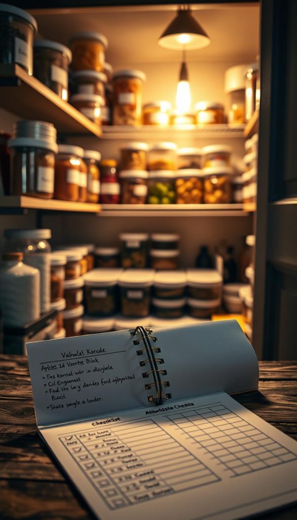 A cozy, well-organized pantry filled with a range of neatly arranged KlickKiste food storage containers. Soft, warm lighting illuminates the scene, casting a comfortable, inviting glow. The shelves display an assortment of items, with handwritten labels indicating expiration dates and inventory levels. In the foreground, a checklist rests on a rustic wooden surface, its pages open to reveal a tidy system for tracking supplies. The overall mood is one of domestic calm and efficiency, capturing the essence of the &amp;quot;Ablaufdaten &amp;amp; Vorräte im Blick&amp;quot; section of the article.