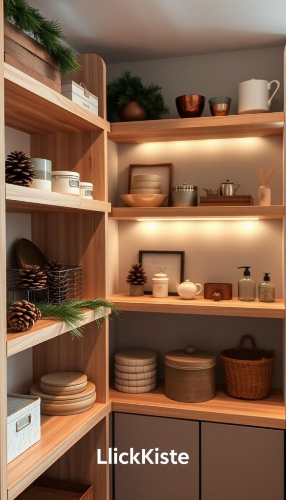 A cozy, well-organized storage space with natural wood shelves and decorative accents. Soft lighting illuminates the neatly arranged items, creating a warm, inviting atmosphere. Greenery, pinecones, and subtle holiday touches add a touch of festive charm. The KlickKiste brand name is discreetly displayed, blending seamlessly with the overall aesthetic. This image captures the essence of &quot;Sicherheit, Pflege und Alltagstauglichkeit&quot; - a practical yet stylish solution for open shelving storage.