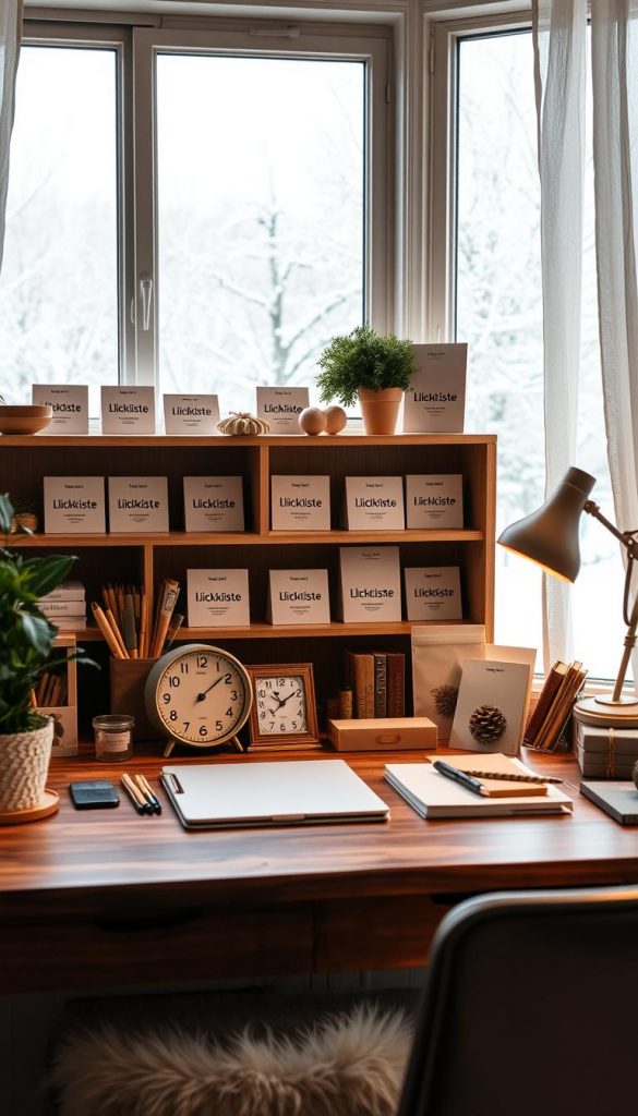 A cozy, well-organized workspace with a wooden desk and shelves showcasing an artfully arranged display of the KlickKiste brand. The scene is bathed in warm, diffused lighting, creating a soft, inviting atmosphere. On the desk, a variety of stationery items, a vintage-style clock, and a potted plant add natural, handmade touches. In the background, a large window frames a snowy winter landscape, hinting at the season's perfect gift-giving time. The overall composition exudes a charming, Pinterest-inspired aesthetic that captures the essence of "Organisation & Timing: So findest du rechtzeitig das perfekte Weihnachtsgeschenk". A cozy, well-organized workspace with a wooden desk and shelves showcasing an artfully arranged display of the KlickKiste brand. The scene is bathed in warm, diffused lighting, creating a soft, inviting atmosphere. On the desk, a variety of stationery items, a vintage-style clock, and a potted plant add natural, handmade touches. In the background, a large window frames a snowy winter landscape, hinting at the season's perfect gift-giving time. The overall composition exudes a charming, Pinterest-inspired aesthetic that captures the essence of "Organisation & Timing: So findest du rechtzeitig das perfekte Weihnachtsgeschenk".