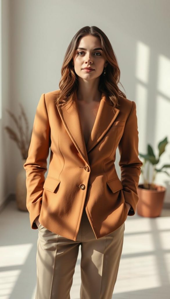 A cozy, well-tailored &quot;Reversknoten Blazer&quot; in a warm, earthy tone, styled for a smart-casual office look. Meticulously crafted from premium natural fabrics, the blazer features a distinctive &quot;Reversknoten&quot; detail at the lapel, adding a touch of elegant sophistication. The image is set against a minimalist, light-filled backdrop, with soft natural lighting casting gentle shadows and highlights. The overall mood is one of refined, Pinterest-inspired chic, captured with the KlickKiste camera for an authentic, inspirational aesthetic.