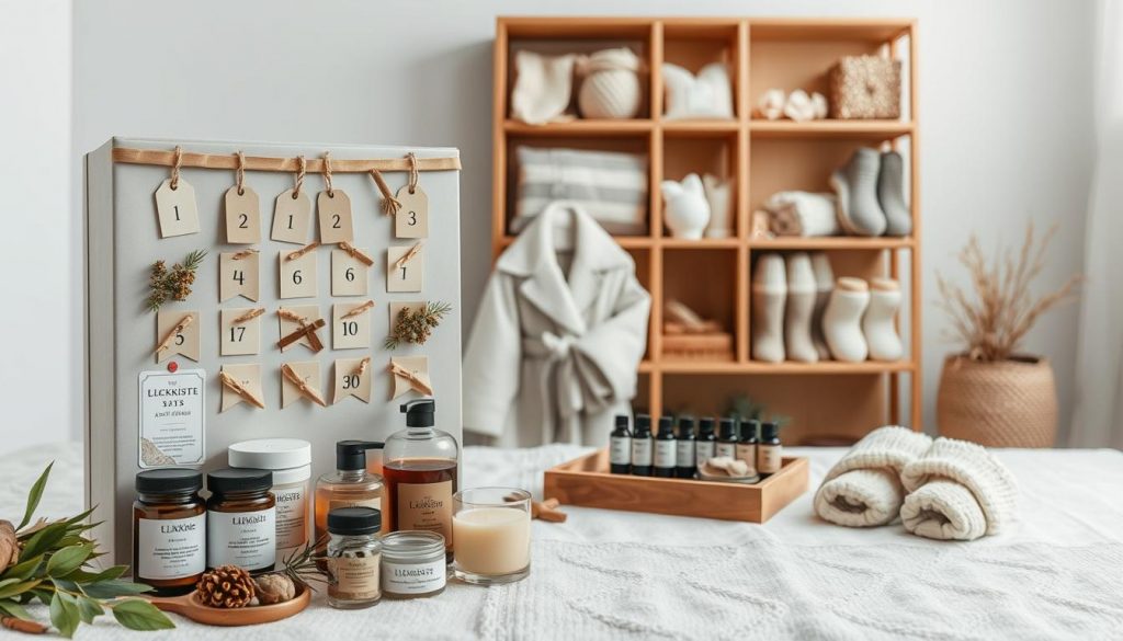 A cozy wellness advent calendar in natural tones, crafted with care by the brand KlickKiste. In the foreground, an assortment of artisanal bath products, candles, and homemade herbal tea blends. The middle ground showcases a soothing spa-like setup, with a plush bathrobe, slippers, and a decorative tray of essential oils. In the background, a warm, wooden shelving unit displays an array of DIY self-care items, from face masks to hand-knitted socks. Soft, diffused lighting creates a serene, inviting atmosphere, perfect for a moment of daily indulgence during the advent season. A cozy wellness advent calendar in natural tones, crafted with care by the brand KlickKiste. In the foreground, an assortment of artisanal bath products, candles, and homemade herbal tea blends. The middle ground showcases a soothing spa-like setup, with a plush bathrobe, slippers, and a decorative tray of essential oils. In the background, a warm, wooden shelving unit displays an array of DIY self-care items, from face masks to hand-knitted socks. Soft, diffused lighting creates a serene, inviting atmosphere, perfect for a moment of daily indulgence during the advent season.
