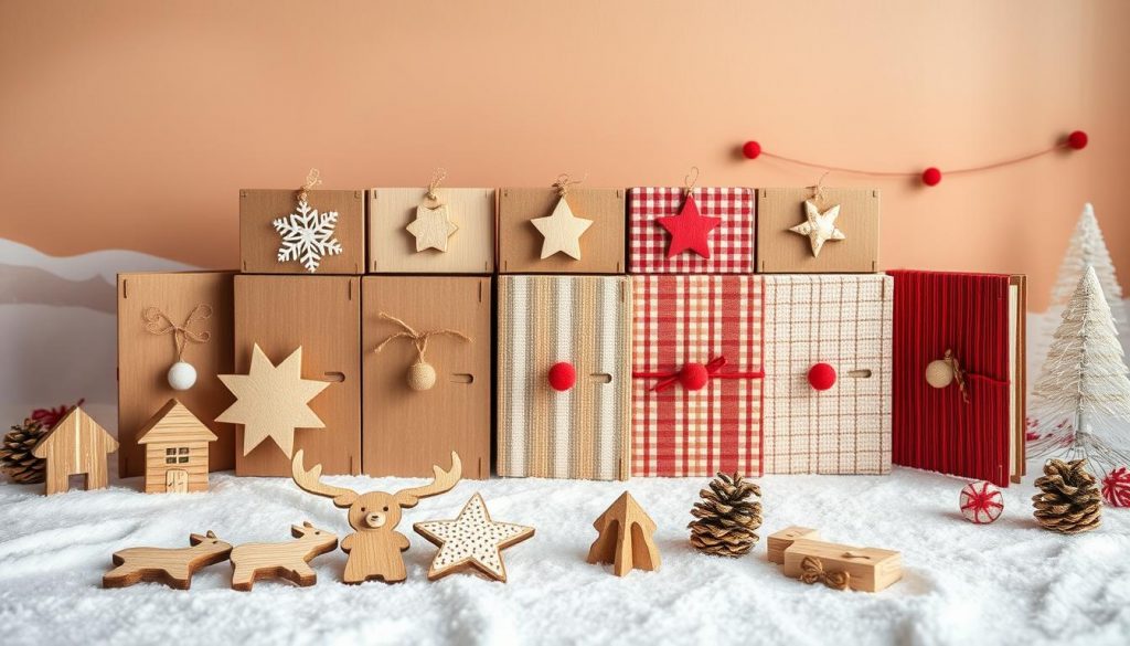 A cozy, whimsical scene of handcrafted advent calendar doors set against a backdrop of warm neutral tones. In the foreground, playful wooden shapes and patterns suggestive of festive icons like stars, snowflakes, and reindeer. Midground showcases an array of different textured "KlickKiste" DIY materials - cardboard, fabric, string, and natural wood elements. The background features a softly lit, understated winter landscape, with hints of red accenting the composition. The overall mood is one of homespun charm and childlike wonder, inviting the viewer to open the creative calendar doors and discover the surprises within. A cozy, whimsical scene of handcrafted advent calendar doors set against a backdrop of warm neutral tones. In the foreground, playful wooden shapes and patterns suggestive of festive icons like stars, snowflakes, and reindeer. Midground showcases an array of different textured "KlickKiste" DIY materials - cardboard, fabric, string, and natural wood elements. The background features a softly lit, understated winter landscape, with hints of red accenting the composition. The overall mood is one of homespun charm and childlike wonder, inviting the viewer to open the creative calendar doors and discover the surprises within.
