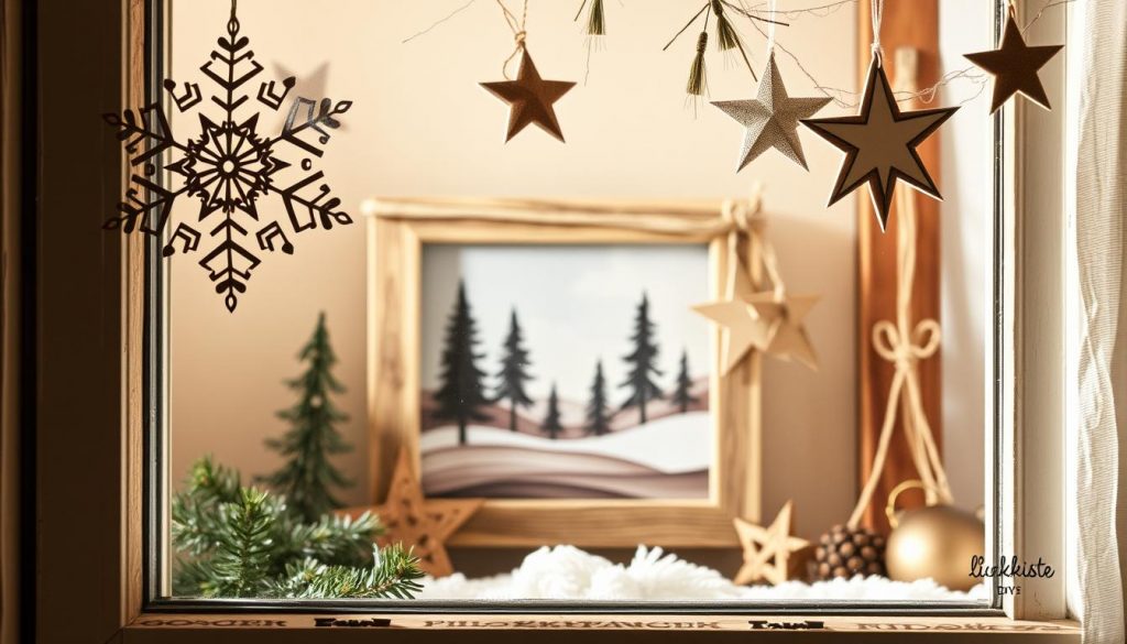 A cozy window display featuring handcrafted holiday decor from the KlickKiste DIY collection. In the foreground, intricate paper snowflakes and wooden star ornaments adorn the windowpane, casting a soft, natural glow. In the middle ground, a rustic wooden frame showcases a silhouetted winter landscape, painted with delicate brushstrokes. The background subtly blends beige tones and warm wooden accents, creating a serene, inviting atmosphere. The overall scene evokes a sense of timeless, homemade charm perfect for the "Sterne, Schneeflocken & Fensterbilder: Klassiker neu gedacht" section. A cozy window display featuring handcrafted holiday decor from the KlickKiste DIY collection. In the foreground, intricate paper snowflakes and wooden star ornaments adorn the windowpane, casting a soft, natural glow. In the middle ground, a rustic wooden frame showcases a silhouetted winter landscape, painted with delicate brushstrokes. The background subtly blends beige tones and warm wooden accents, creating a serene, inviting atmosphere. The overall scene evokes a sense of timeless, homemade charm perfect for the "Sterne, Schneeflocken & Fensterbilder: Klassiker neu gedacht" section.